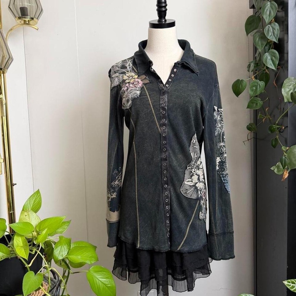 Vanilla Sugar Vintage Y2K Fairy Goth Floral Sequin Snap Button Tunic Shirt Small